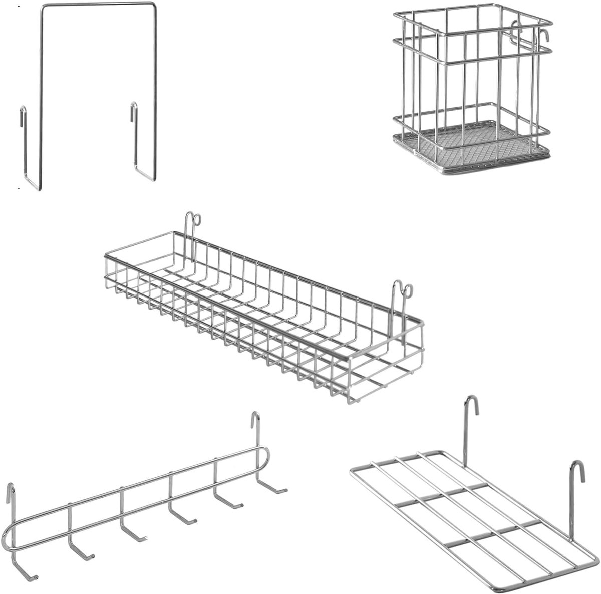 Wandrek Set - Opbergmand Haken - Bureau Organisatie - Modulair Ontwerp - 5 Delig - Zilver