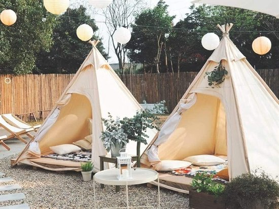 Katoenen Piramide Tent - Bell Tent Teepee - Familie Camping - Dubbele Deuren Ventilatie - 200cm Hoog - Beige — afbeelding 4