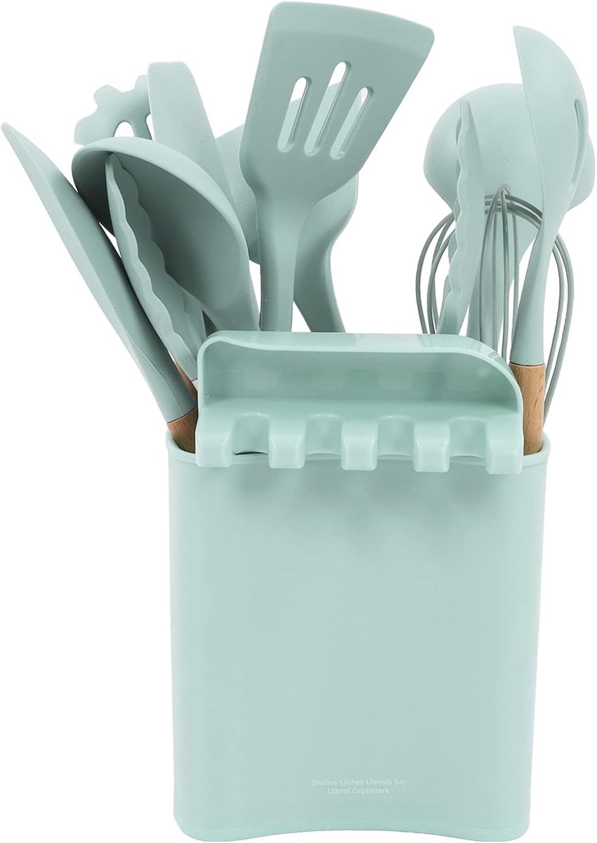Keukengerei Set - Siliconen Spatels - Koken & Bakken - 13 Delige Set - Met Houder - Donkergroen