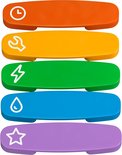 Vijf gekleurde LEGO Duplo actieblokken: oranje met klok, geel met gereedschap, groen met bliksem, blauw met druppel, paars met ster.