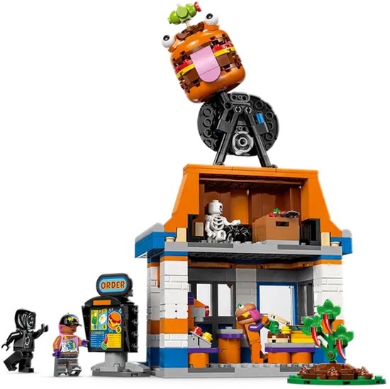 Restaurant Durrr Burger LEGO avec personnages et accessoires.