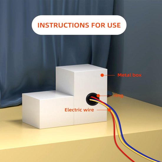 Instructies voor gebruik: een witte kubus met een gat waar rode, gele en blauwe draden doorheen lopen, een ring, en een metalen doos.