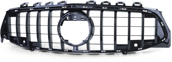 Glanzend zwarte grille met verticale spijlen en centrale cirkel, zonder camera-uitsparing.