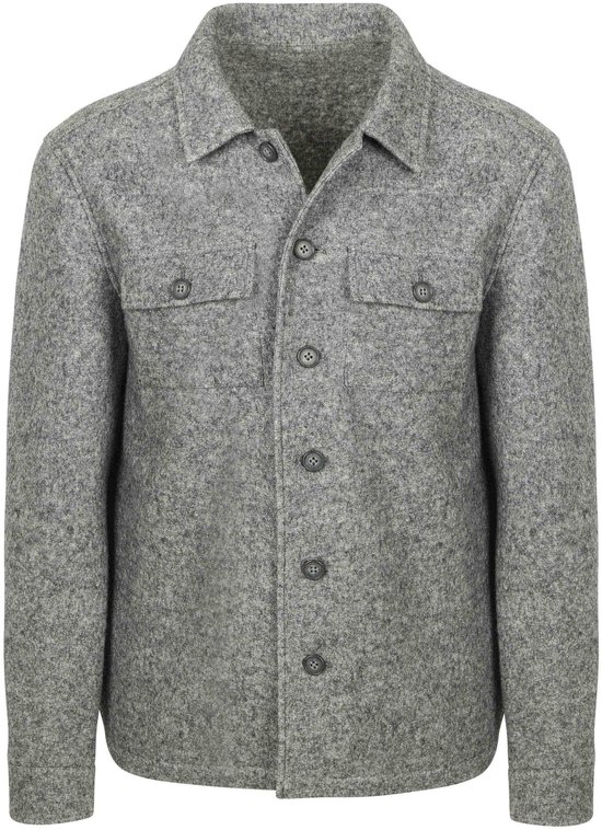 Veste grise avec deux poches poitrine, boutons et un col.