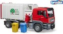 Rode vuilniswagen met witte laadbak, voorzien van de tekst 'REUSE REDUCE RECYCLE' en twee miniatuur afvalbakken, geel en blauw.