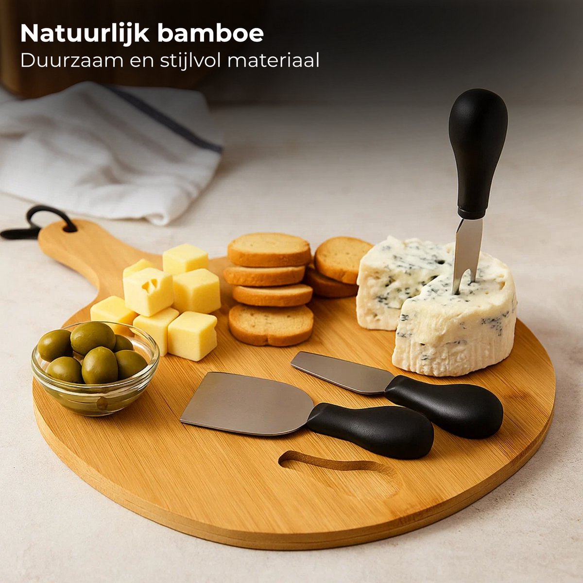Lomera Bamboe Kaasplank - Kaasplank met Mesjes - Kaasplank Set - Serveerplank Bamboe - Kaasmesjes Set - RVS Kaasmesjes - Kaasplank Rond - Kaas Serveerplank - Kaasplank met Handvat - Kaasplank met 3 Messen — cadeau in Kookcadeaus - foto 3