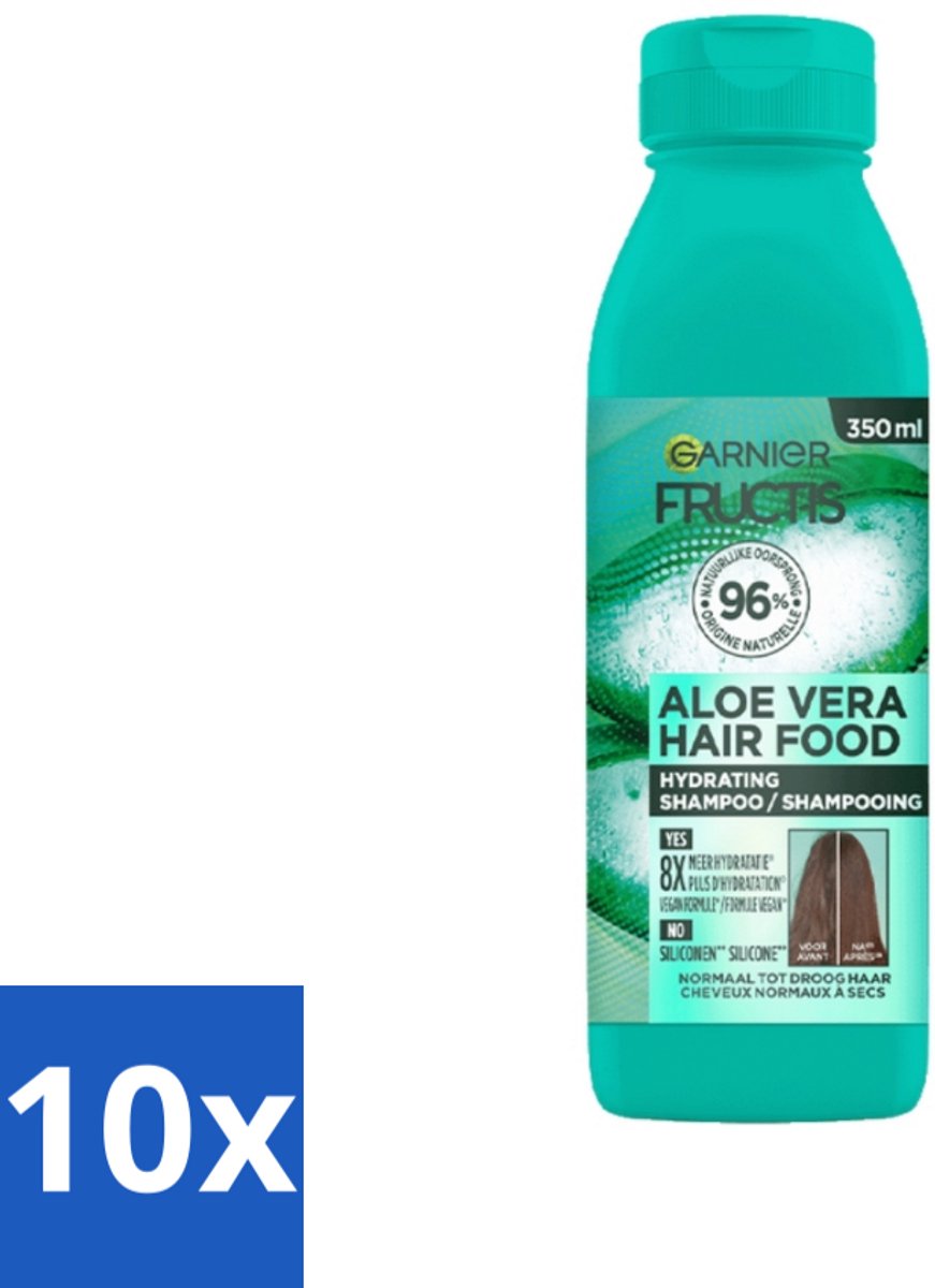 10 x Garnier - Fructis Hair Food Aloe Vera - Shampoo - Normaal tot Droog Haar - 350 ml - Aloe Vera Shampoo - Droog Haar - Normaal Haar - Hydratatie - Vegan Shampoo