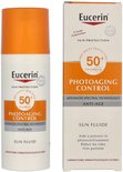 Eucerin Sun Protection zonnefluïde SPF 50 met oranje dop en doos.