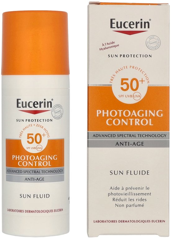 Eucerin Sun Protection zonnefluïde SPF 50 met oranje dop en doos.
