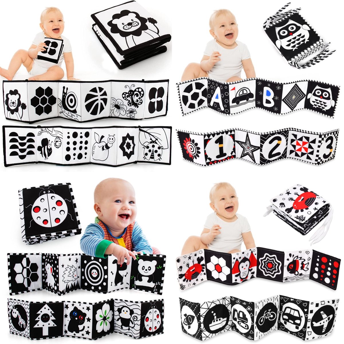 Image of 4 Stuks Babydoekjes - Voelboekje - Knisperboekje - Baby Boekje 0 - 6 Maanden - Babyboekje Zwart Wit - Baby Boekje Zwart Wit - Babyboekje Zacht - Baby Boekje Contrast ( Leeuw + Uil + Lieveheersbeestje + Krab)