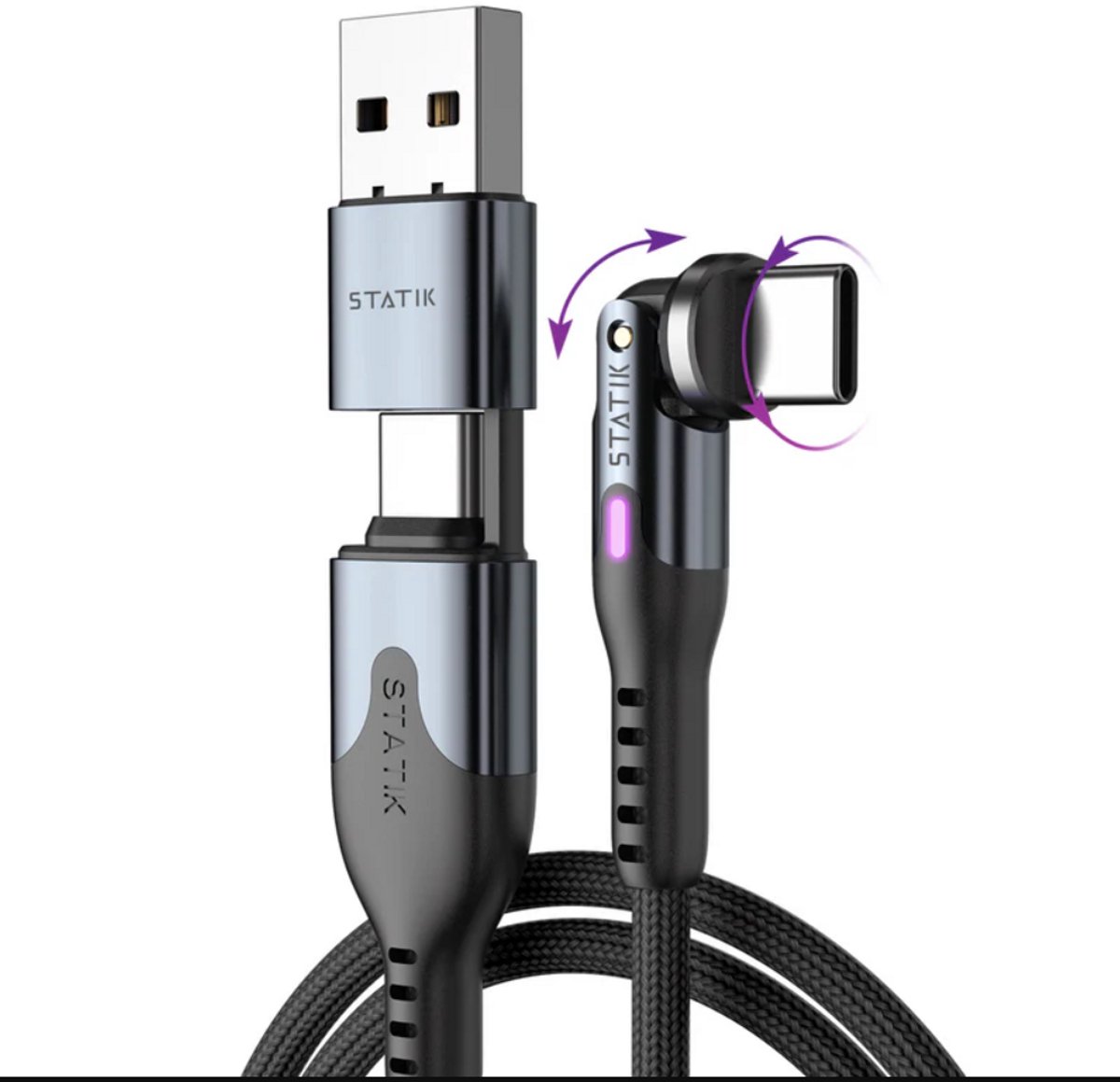 Statik PowerPivot verlichten data- en snellaadkabel - 1m - USB-C to USB-C- zwart - Nylon gevlochten - 100W