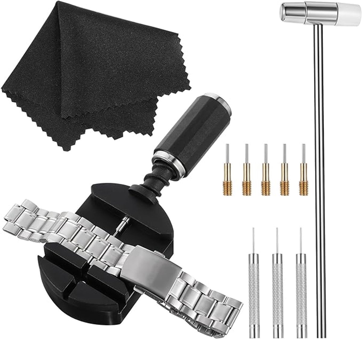 11-delige horlogeband reparatieset, horlogeband afstelgereedschap, inkorten met horlogeband afsteller, horloges, hamer, veerstaafjes, zwart, zwart