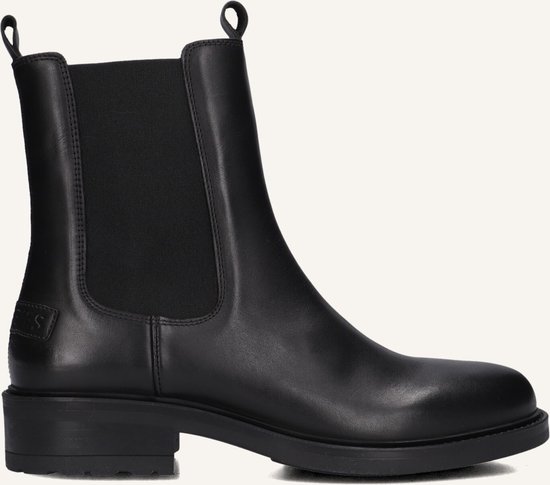 Zwarte Chelsea boot van leer met elastische zijkanten en een ronde neus. De laars heeft lusjes aan de achterkant en een klein logo op de zijkant.