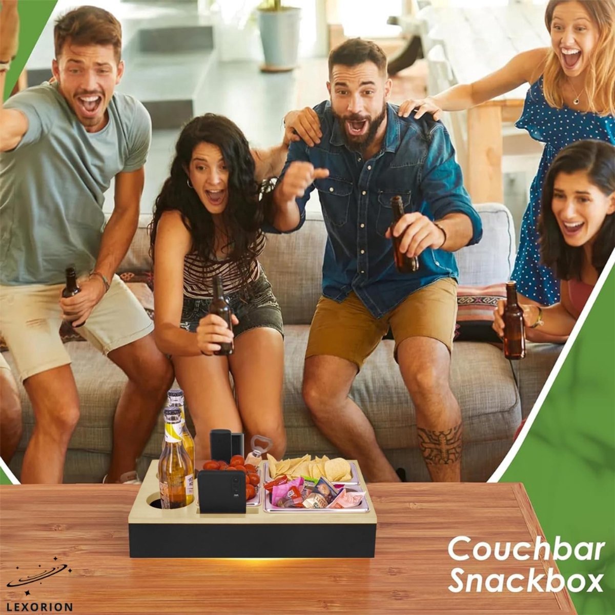 Lexorion Couch Sofa Bar Snack Box – Couch & Chill Sofa Tray – Bamboe Bank Butler – Zwarte Sofa Bar Snack Box met Roestvrijstalen Kommen – Cupholder – Wijn Glazen Houder – Organizer voor Afstandsbediening en Snacks – Cadeau voor Hem & Haar — cadeau in Kookcadeaus - foto 3