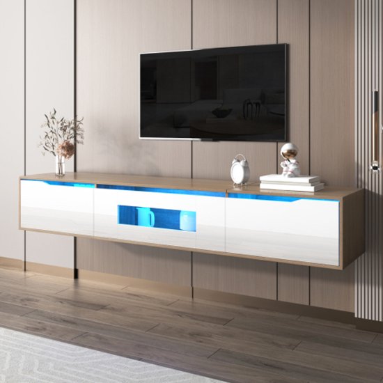 Meuble TV blanc brillant avec éclairage LED– Changement de couleur, couleur bois pour un intérieur élégant