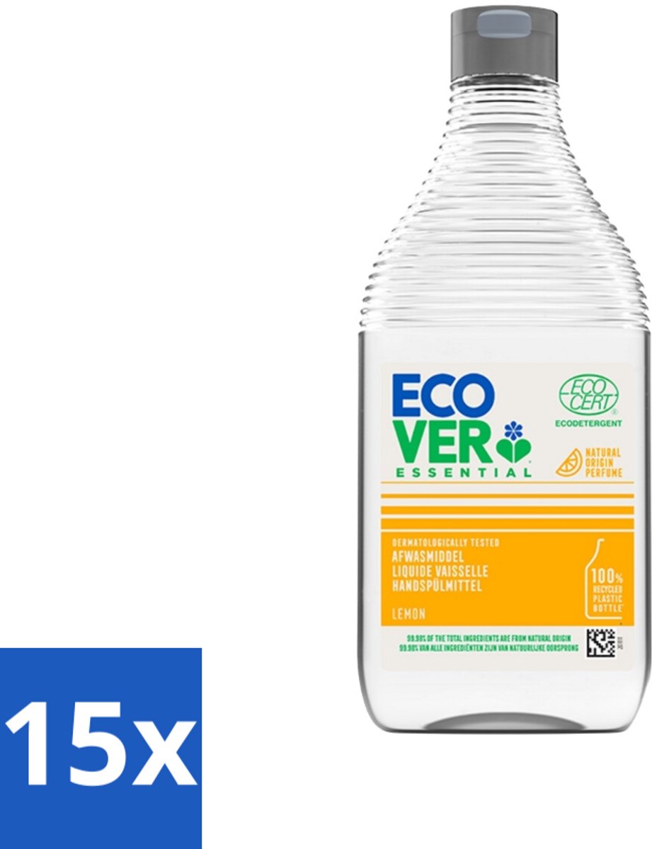 15 x Ecover - Afwasmiddel Essential - Citroen - 450 ml - Ecover Afwasmiddel Citroen - Afwasmiddel Citroen - Plantaardig Afwasmiddel - Duurzaam Afwasmiddel - Ecocert Afwasmiddel