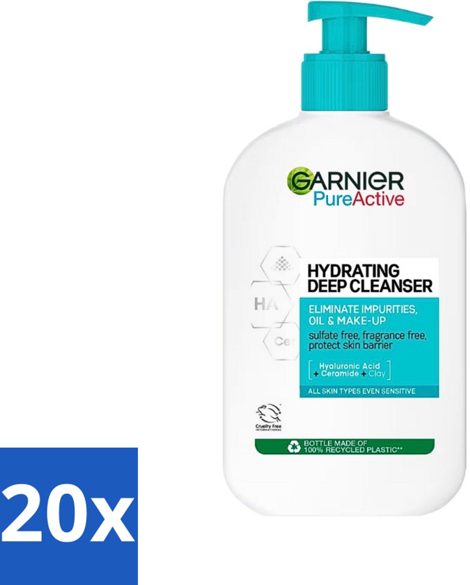 20 x Garnier - Pure Active - Gezichtsreiniger - Hydraterend - 250 ml - Gezichtsreiniger - Hydraterend - Zuivere Huid - Huidbarrière - Hyaluronzuur