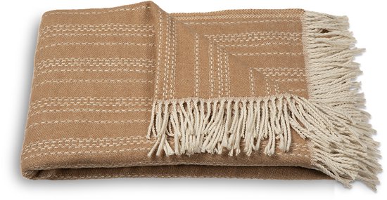 Atmooz Plaid Ember – Lichtbruin Woondeken 150x200 cm – Zachte Katoenmix met Witte Franjes – Warme Cosy Plaid voor Bank of Bed – Decoratief Deken voor Interieur – Comfortabel en OEKO-TEX® Gecertificeerd – Scandinavische Stijl en Tijdloos Design