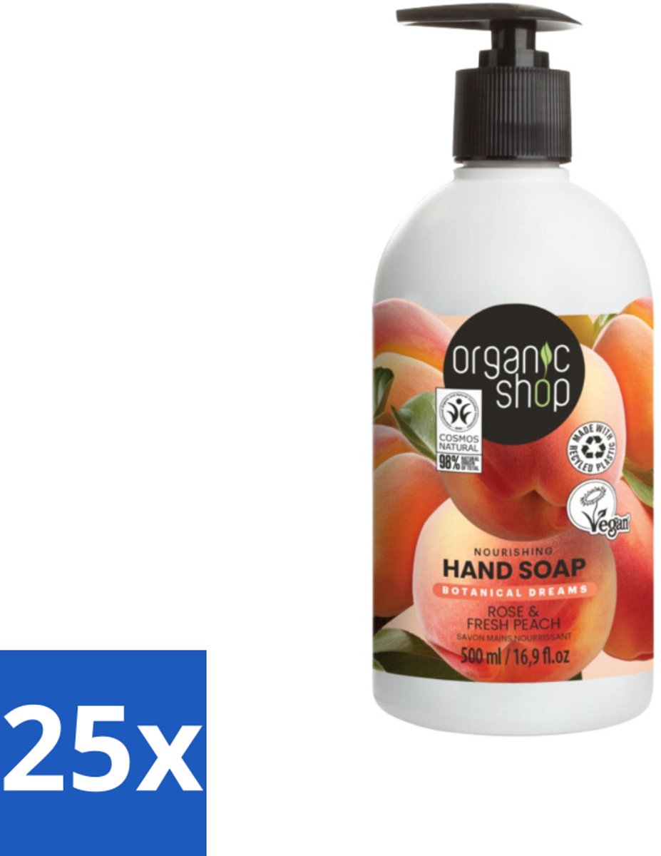 25 x Organic Shop - Handzeep Rose & Peach - Verzorgend en Hydraterend - 500 ml - Handzeep - Natuurlijke Handzeep - Handverzorging - Handcrème - Hydraterende Handzeep
