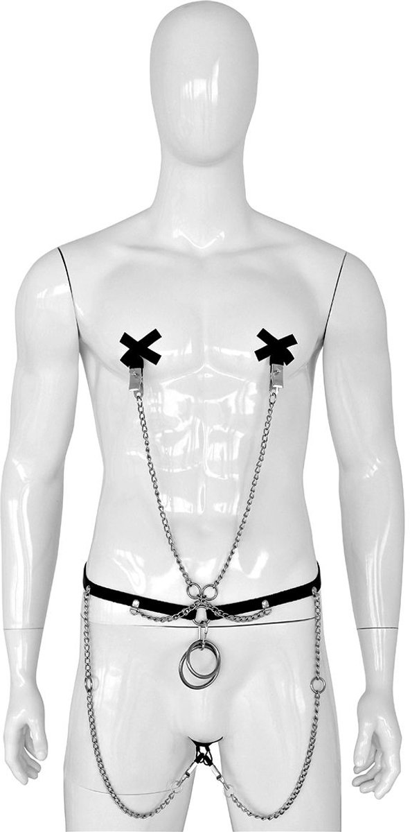 Kiotos Leather - Body Harnas - Leren Riemen Body - Heupriem met Klemmen voor Tepels en Geslachtsdeel - Verstelbaar