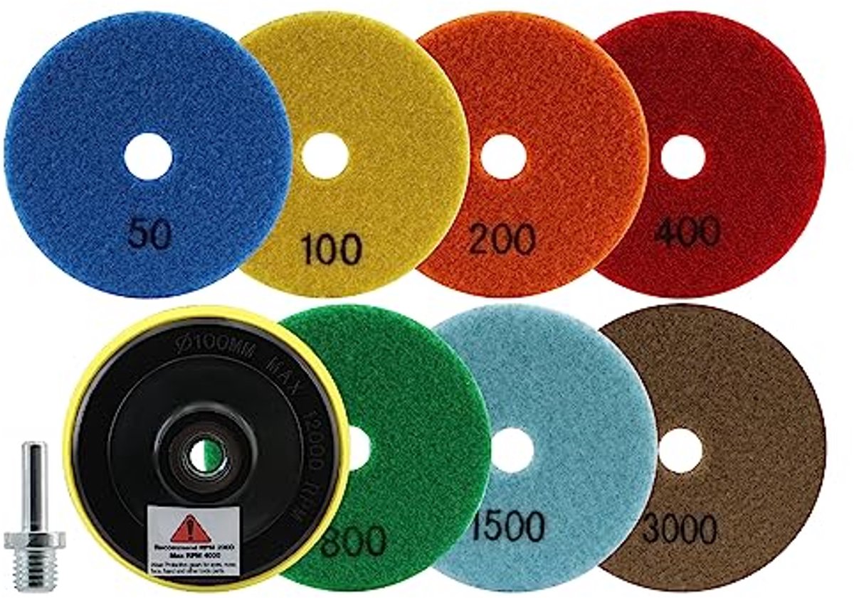 Diamant Polijstschijven 100 mm voor Droog Gebruik - 7 Stuks (#50 – #3000) voor Graniet, Marmer en Kunststeen