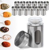 kruidenpotjes - set van 12 - met strooigaatjes (3 groottes) - kruidenstrooiers - Rond met RVS Deksel - Kruidenstrooier - Spice Jars - met glazen venster - Voorraad potje - met verstelbare Strooideksel - Kruidenpot Set