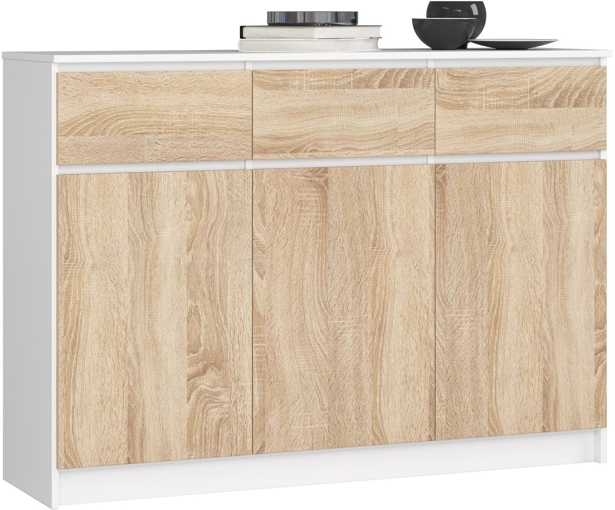Akord Ladekast K140 met 3 Lades en 3 Deuren / AKORD Furniture Factory / Wit – Sonoma Eik / 138 x 99 x 40 cm