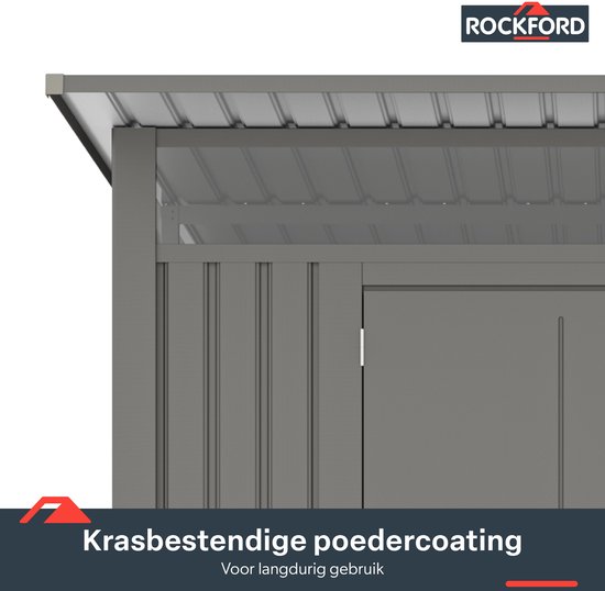 Rockford Porto 200 metalen tuinhuis met lessenaarsdak - Tuinschuur met centraal slot, polycarbonaat ramen en regenpijpen - 232 x 254 cm - Grijs