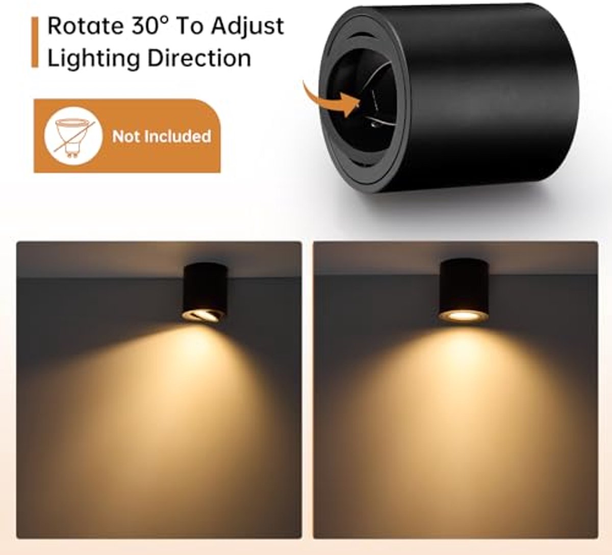 6 Stuks Draaibare LED-Plafondspots, Zwart, GU10-Fitting, Aluminium, Ø 80 x 85 mm