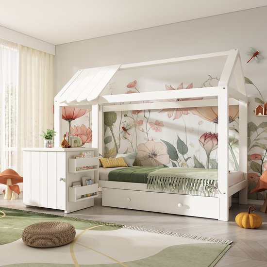 Kinderbed huisbed met schoorsteen 90 x 200 cm, grenenhout, voor