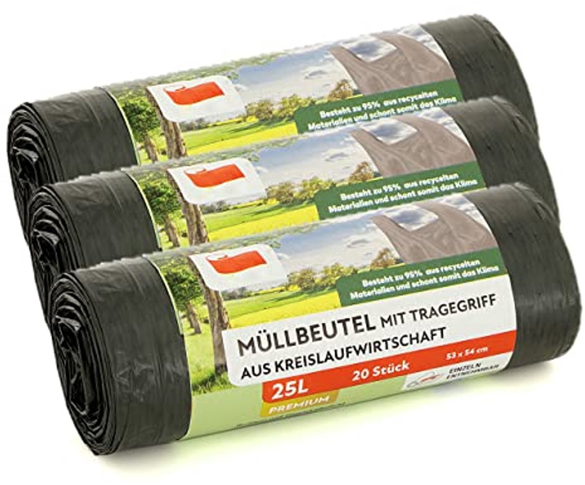 Vuilniszakken met handgreep - 95% gerecycled materiaal - 25L - Duurzaam en milieuvriendelijk voor dagelijks gebruik