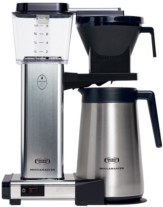 Polished silver Moccamaster koffiezetapparaat met thermische kan, frontaal aanzicht.