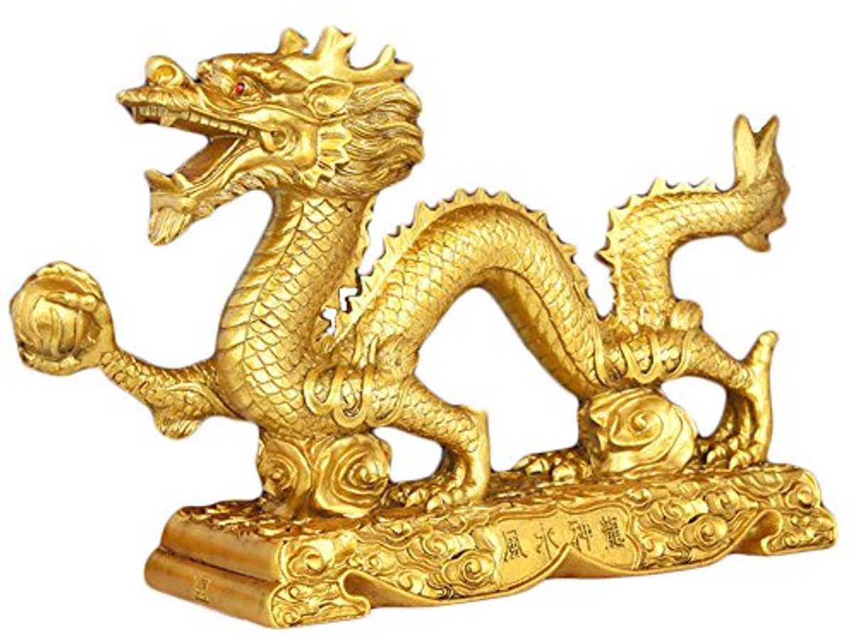 Draken Beeldje - Feng Shui Symbool - Geluk Brengen - Krachtig Yang Symbool - 24 cm - Goud