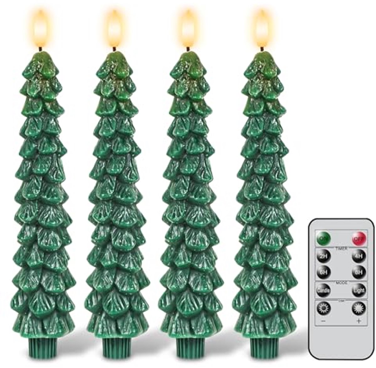 Set van 4 groene LED-taperkaarsen voor Kerstdecoratie met afstandsbediening en timer.