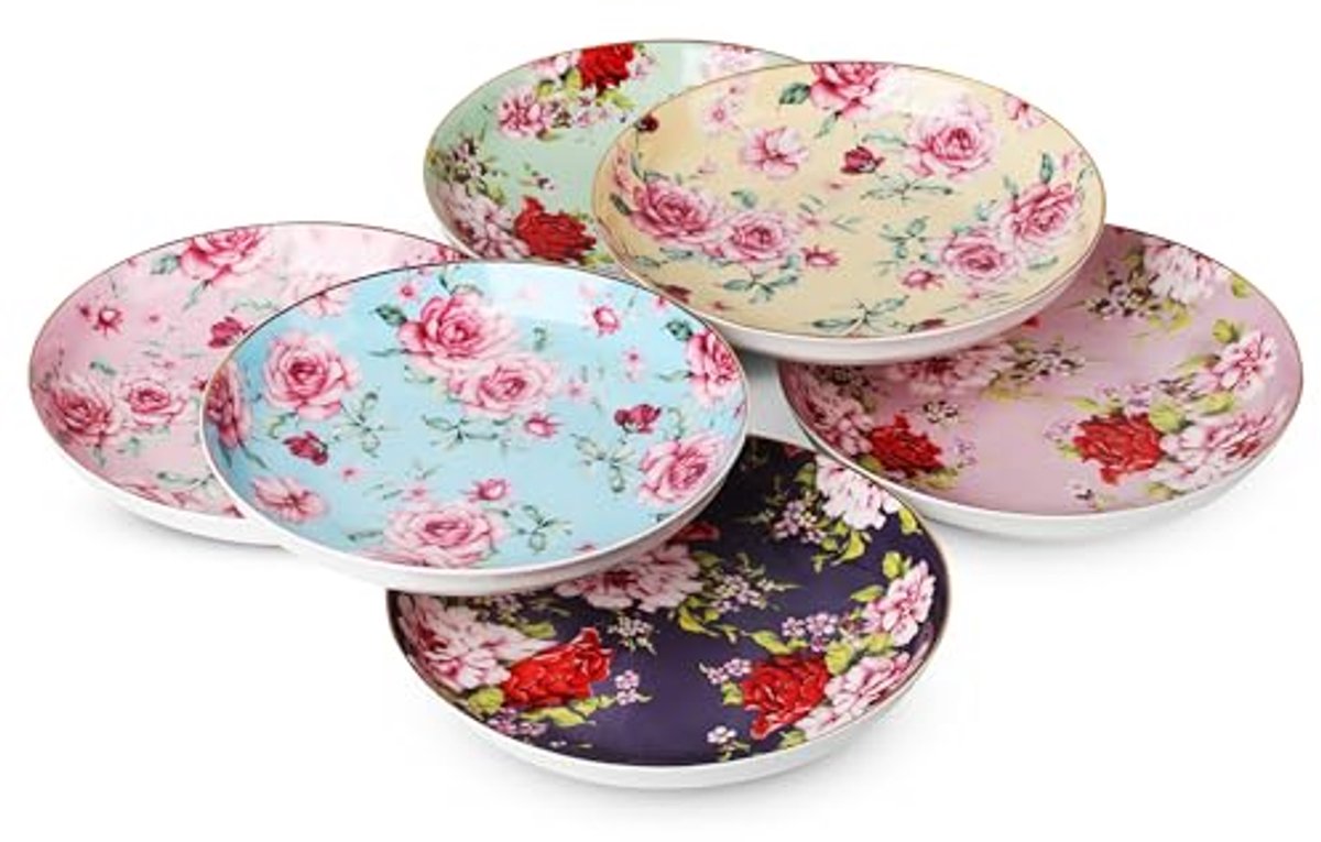 Diepe Porseleinen Dessertborden met Bloemenpatroon - Set van 6, 20,3 cm