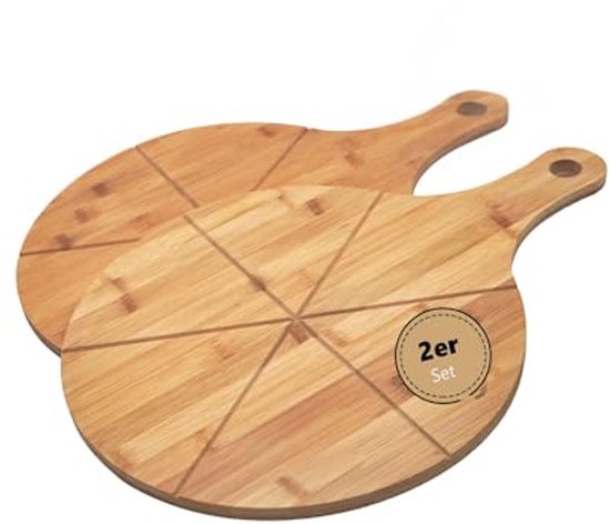 Pizzaborden 33 cm hout (set van 2, 3 stuks) - placemats, pizzabord met handvat, groot, rond, serveerbord, kleermakersplank, pizzaservierplank (set van 2, acacia