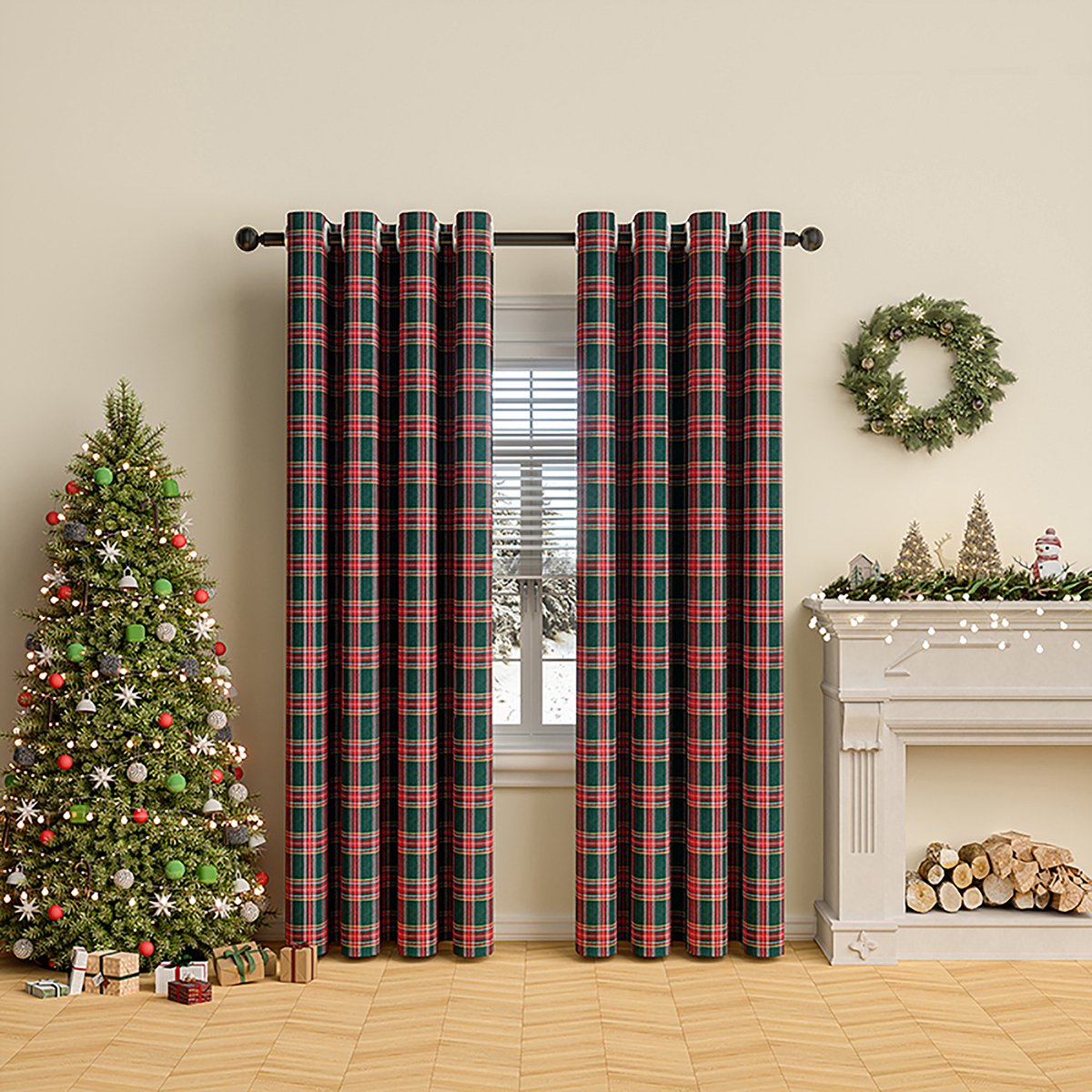 Qelus Rood-Groen Kerst Gordijn met Ruitjes 132x274 cm - Kant en Klaar met Ringen - Verduisterend Vintage Gordijn voor Woonkamer en Slaapkame