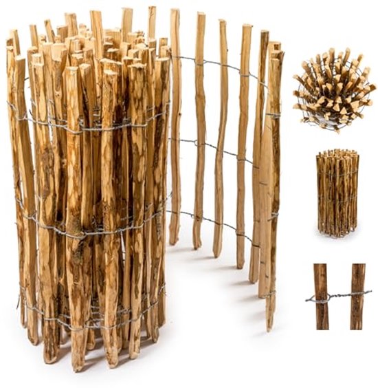 Staketenhek houten hek 100cm hoogte, vijverrand hazelnoot, omheining 5m lengte, tuinhek, latafstand ca. 7-9cm, staketen weerbestendig