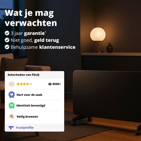 Zwarte FlinQ convectorkachel met keurmerk en keurmerk-details.