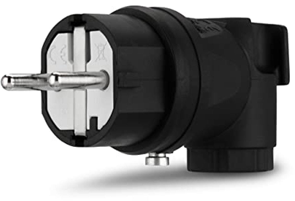 Hoekstekker geaard rubber IP44 230VAC 16A zwart 4,4 x 4,4 x 11,4 cm