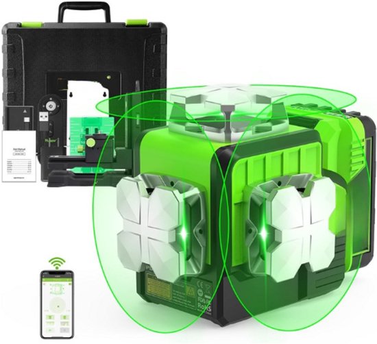 DIOZZHI 12 lijnen groene laserwaterpas, 3x360° zelfnivellerende rechte laserwaterpas voor de bouw, uitlijning op drie vlakken kruislijn verticaal horizontaal met oplaadbare batterij