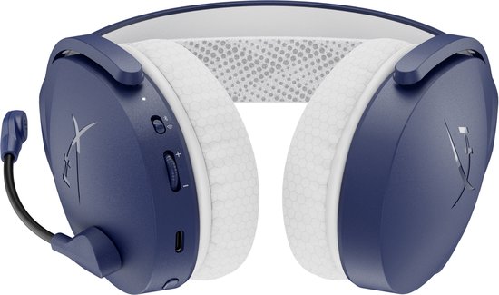 Blauwe HyperX Cloud Jet Dual Wireless headset, frontaal, met witte accenten.