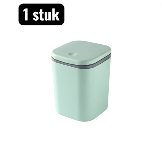 Lichtgroene mini-prullenbak met een deksel en grijze rand.