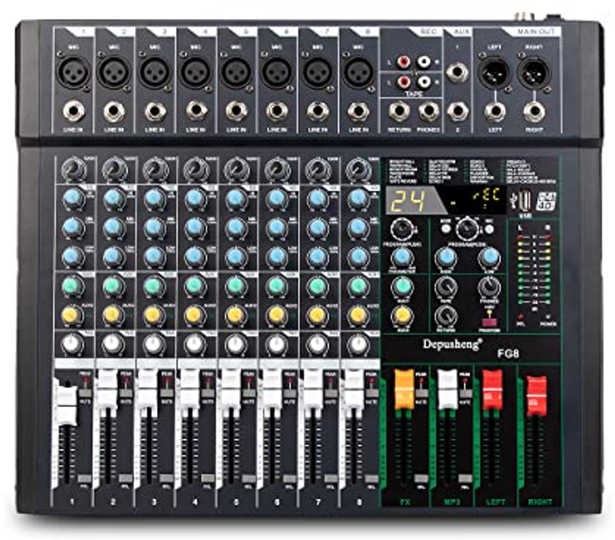 Professionele 8-kanaals audio mixer met USB interface en DSP effecten
