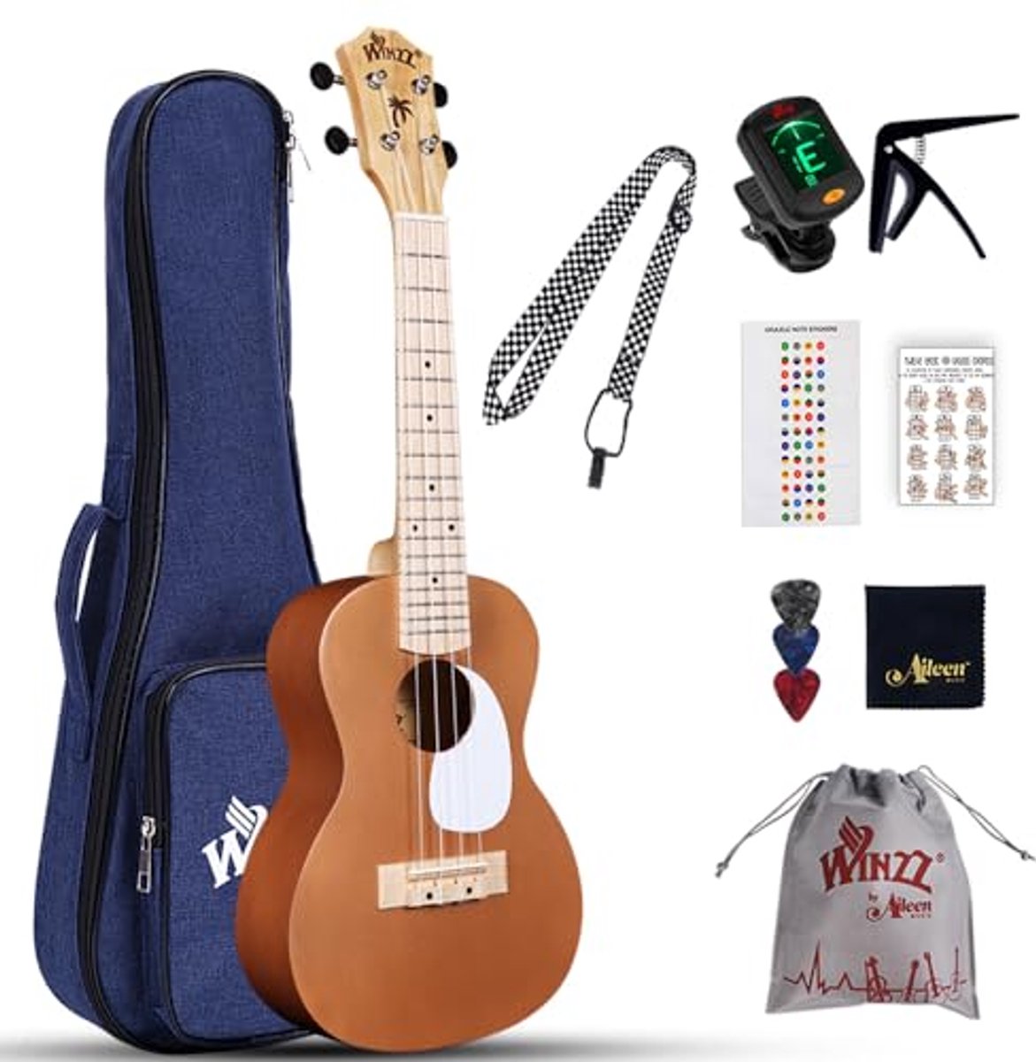 Concert Ukelele Set 23 Inch voor Beginners met 9 Accessoires - Bruin Hout