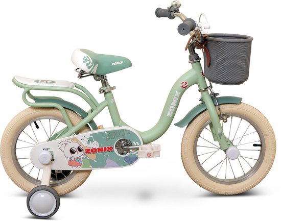 Vélo enfant Zonix pour filles, 14 pouces, vert pastel, avec Roues d'entraînement, pour les Filles de 3 à 5 ans (taille 98-108).