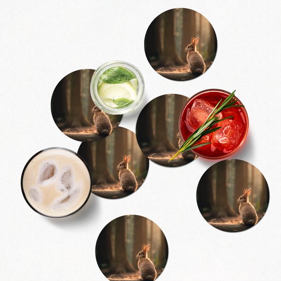 Sous-verres de verre ronds - Lapin - Forêt - Rayons de soleil - 10 x 10 cm - Lot de 6