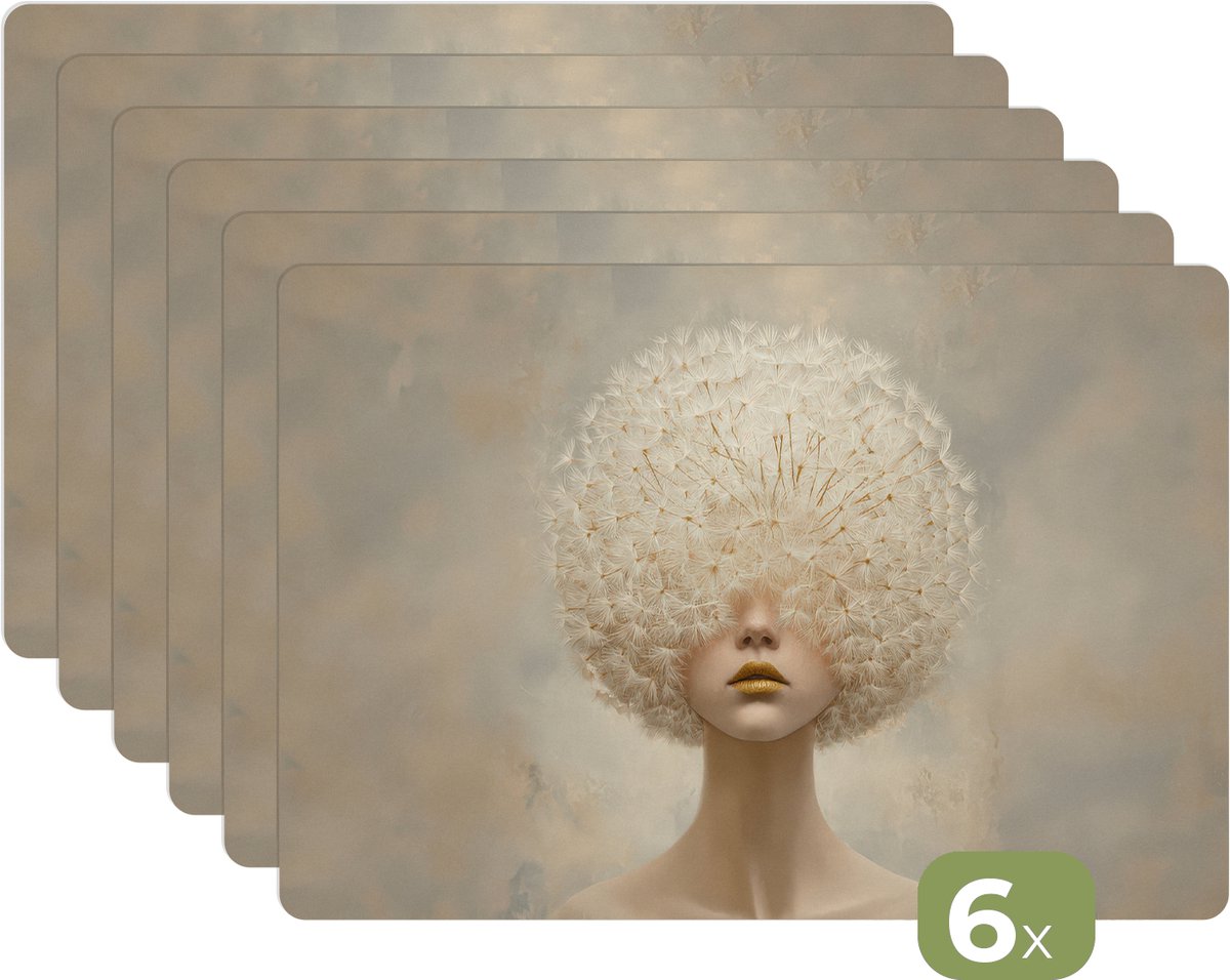 Placemats - 6 stuks - 45x30 cm - Placemat kunststof - Dromerig - Beige - Paardenbloemzaadjes - Borden onderleggers - Decoratie voor op tafel - Keuken tafeldecoratie accessoires - Vinyl onderlegger - Tafelversiering