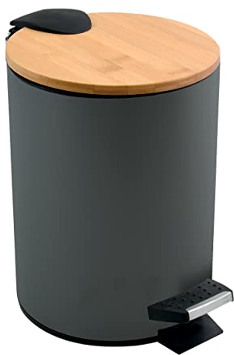 Afvalemmer 5L van roestvrij staal en bamboe met softclosemechanisme en binnenemmer in antraciet
