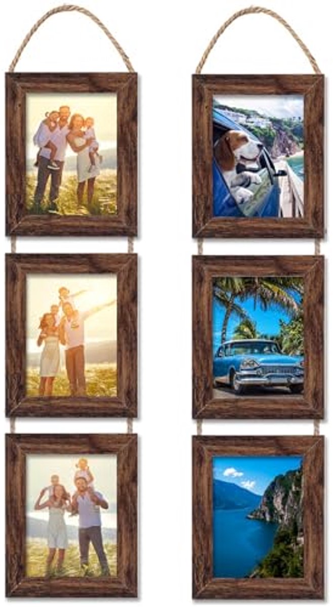 Muur opknoping fotolijsten collage 5x7 met 3 opening frames bruin - 2 Pack